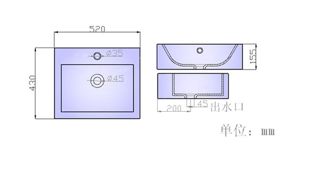 陶瓷洗手盆S034产品结构平面图