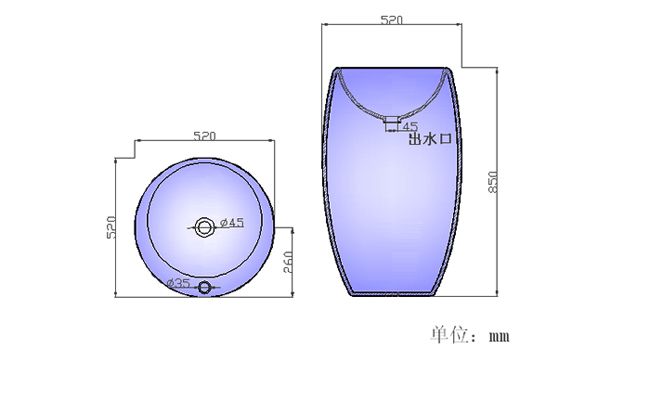 陶瓷立柱盆S7009产品尺寸图
