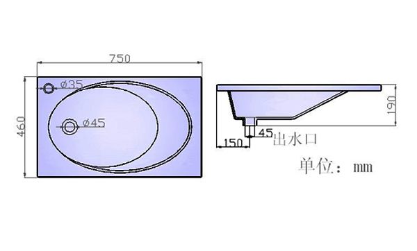 浴室柜盆S1598产品尺寸结构图
