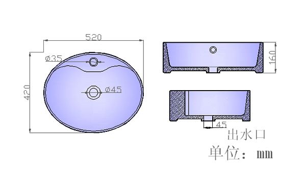 陶瓷脸盆S544产品结构尺寸图