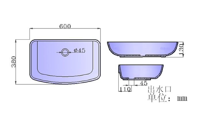 浴室柜上盆S095产品结构平面详图 浴室柜上盆S095产品结构平面详图