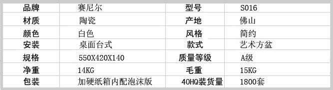 赛尼洁具出口产品台上洗脸盆S016参数