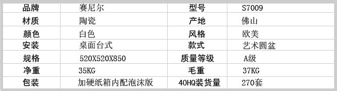 赛尼洁具出口产品柱盆S7009产品参数