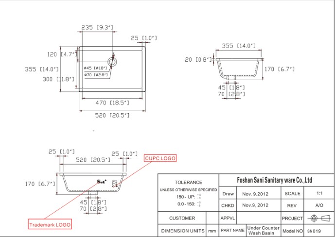 美国加拿大CUPC/CSA认证陶瓷台下盆SN019尺寸图