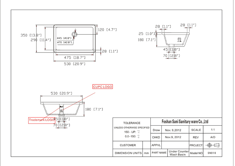 赛尼洁具CUPC认证陶瓷洗脸盆SN016平面尺寸图 赛尼洁具CUPC认证陶瓷洗脸盆SN016平面尺寸图