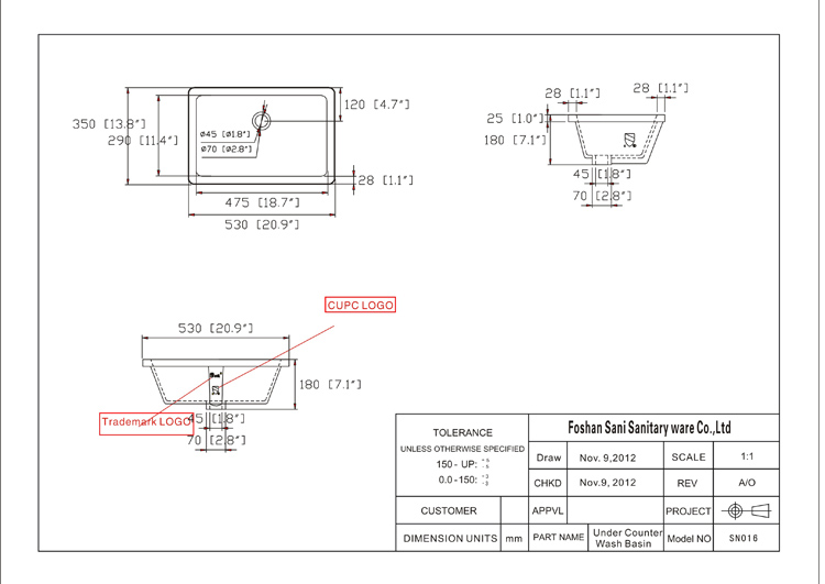 赛尼洁具CUPC认证陶瓷洗脸盆SN016平面尺寸图